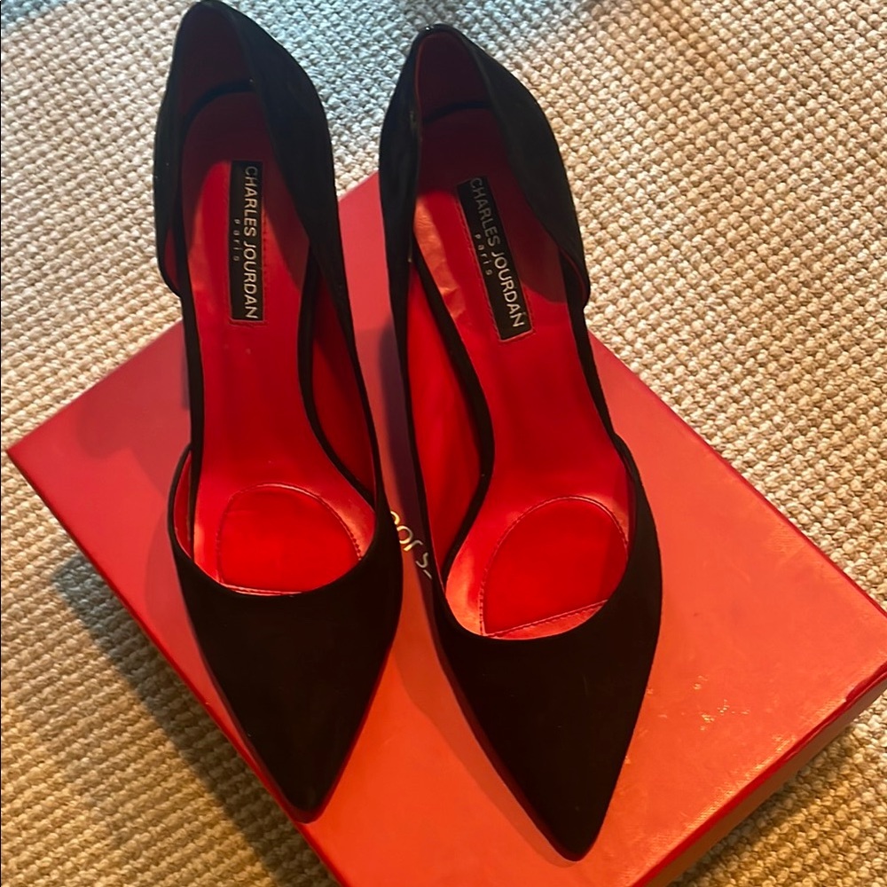 Charles Jourdan Black Suede Leather Heels Elegant Design